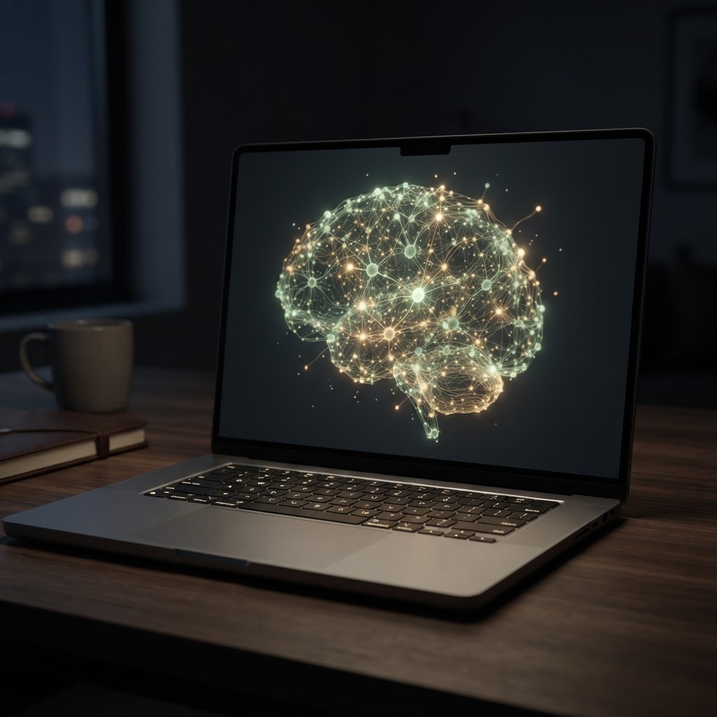 A glowing neural network on a laptop screen — a single luminous brain of interconnected memory-nodes, some bright and firing, some fading, running on your own machine.